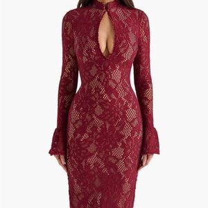 House of CB Burgundy Lace Keyhole Bodycon Midi Dress